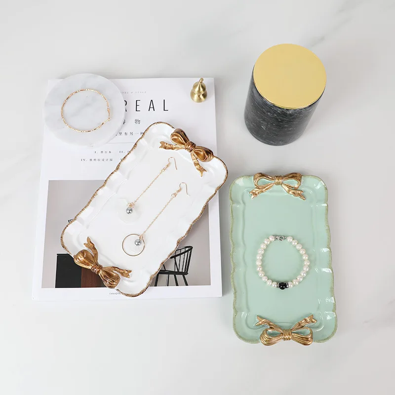 

Jewelry Storage Trays Ceramic Dessert Plate Trinket Display Serving Tray Bow-knot Decoration Creative Snack Dishes Fruit Bowl
