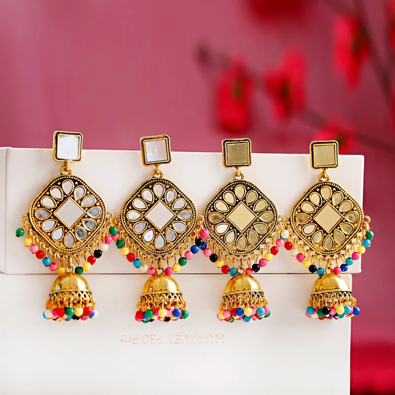 Цыганские серьги с жемчужинами и кисточками в индийском стиле Jhumka для женщин, богемные Ретро Золотые Зеркальные колокольчики, тибетские сережки oorbellen