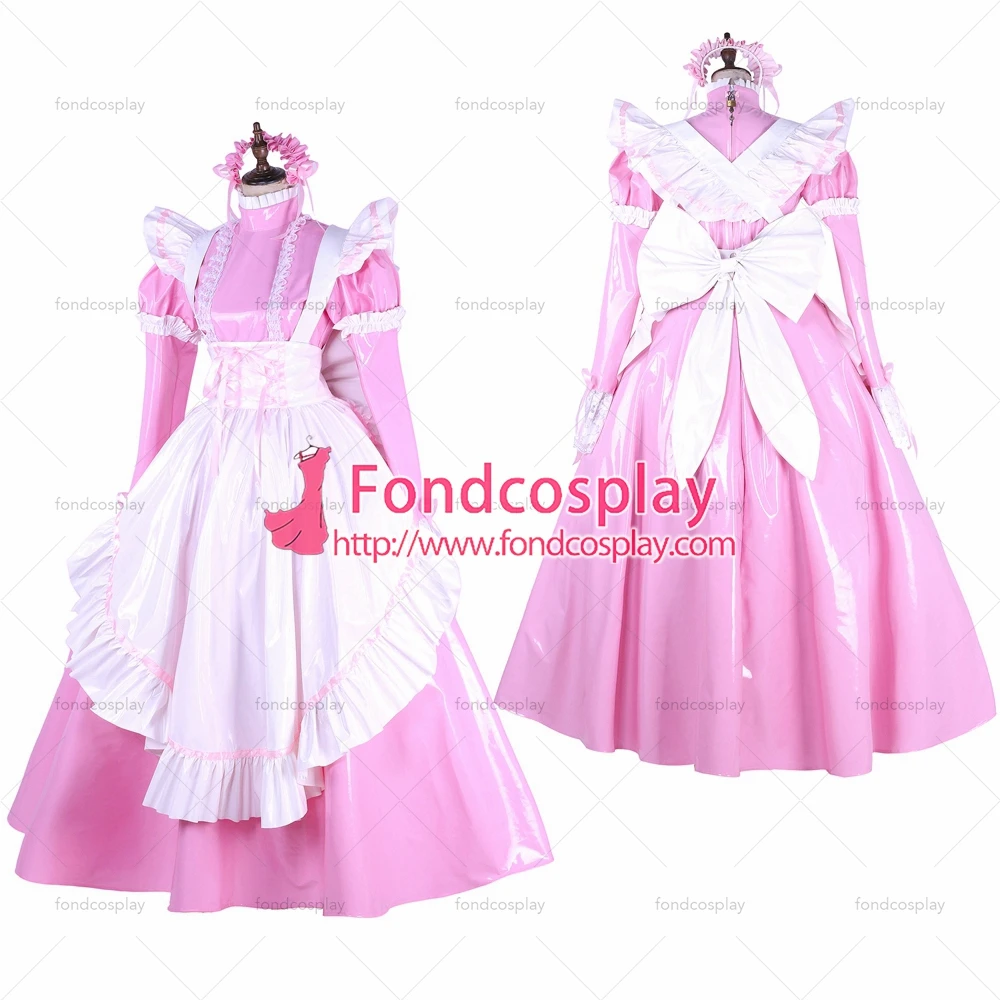 

Сексуальная одежда для взрослых fondcosplay с перекрестными элементами, запираемое тонкое платье из ПВХ, розовая униформа, белый фартук, костюм, ...