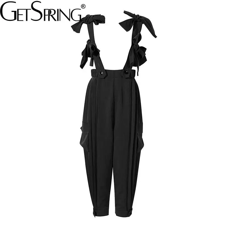 

GetSpring Women Pants Capris Summer Loose Casual Overalls Pleated High Waist Women Trousers Fashion Long Black Trousers 2021 New