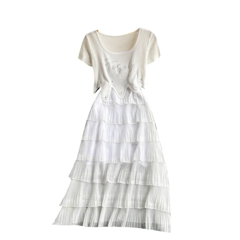 

Women's New Fashion Round Neck Short Sleeve Niche Irregular Short Tops + Sleeveless Slimmed Dress Two-piece Sets S463