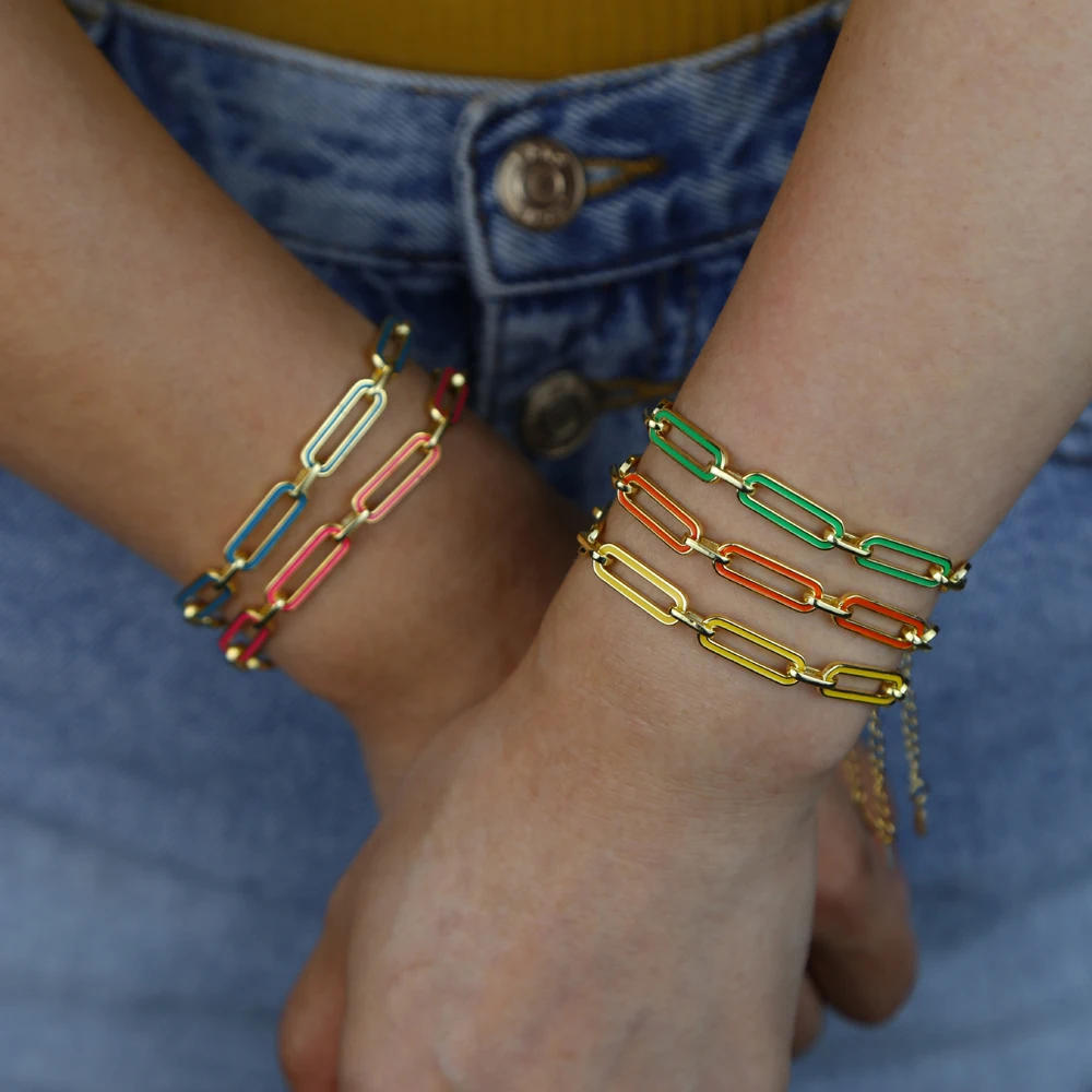 

fashion colorful jewelry geometric rectangle cuban link chain Neon enamel Gold color fashion women chain bracelet