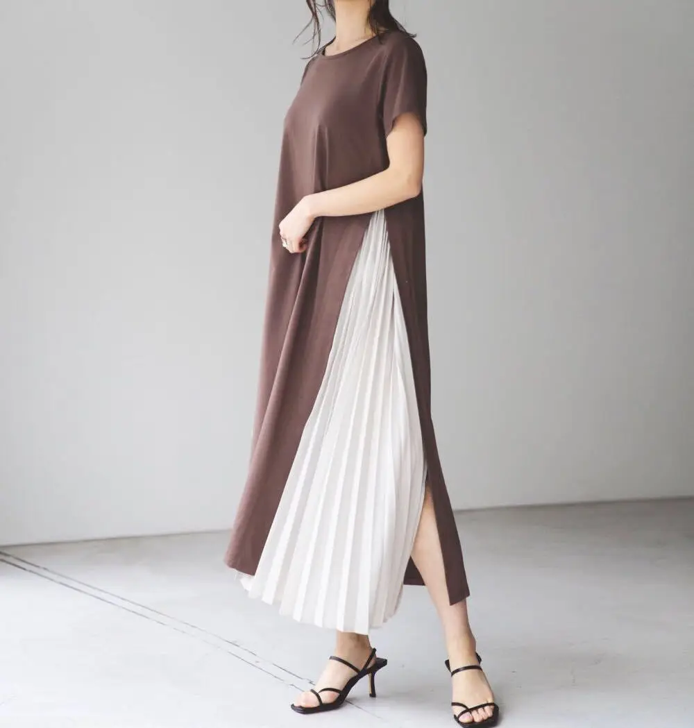 

TVVOVVIN 2021 Summer New Solid Color Round Neck Short Sleeve Split Large Swing Mid Length Dress For Women COEG