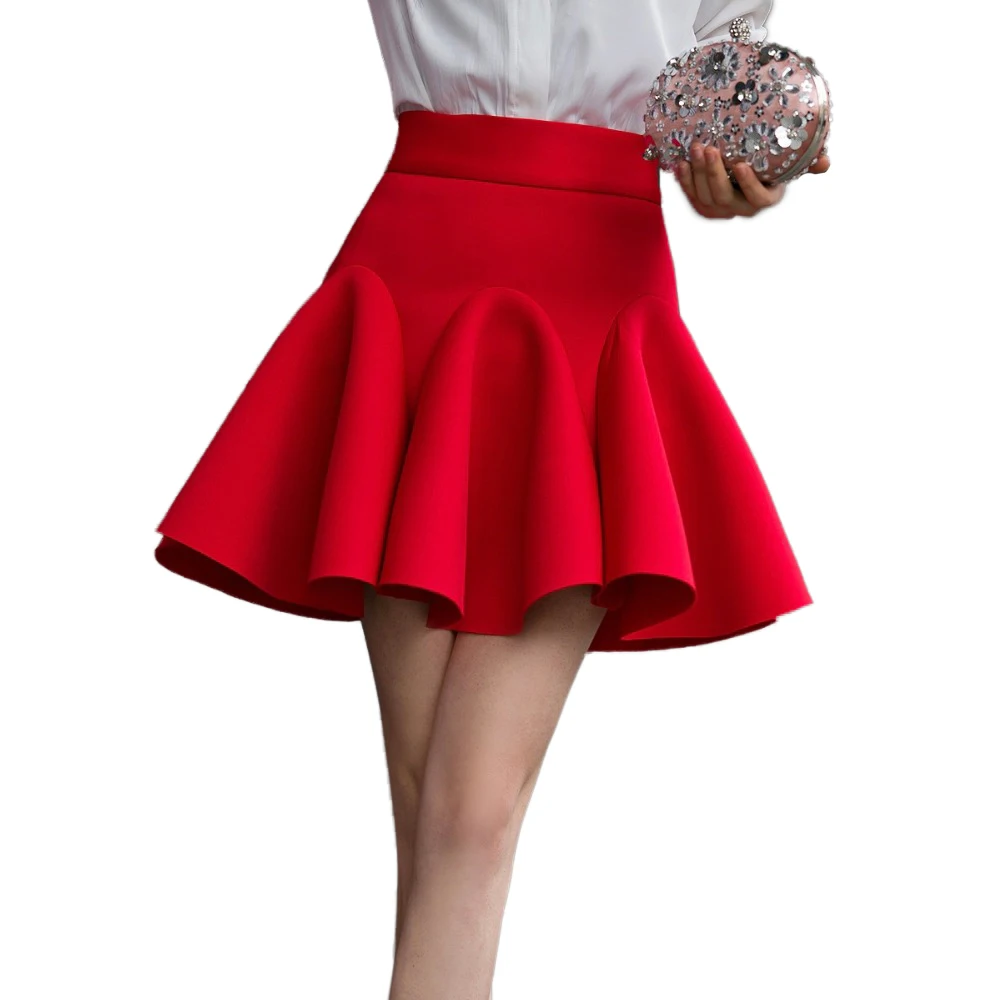 

High Waist Pleat Elegant Skirt Red Black White Mini Flared Skirts Fashion Women Faldas Saia 2XL Plus Size Ladies Jupe 0222-69