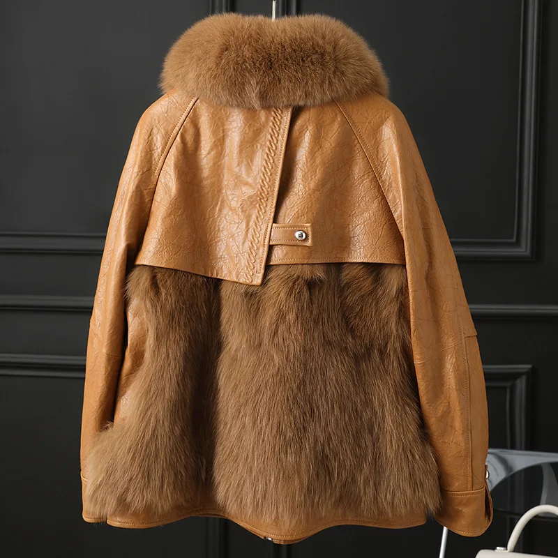 2021 Winter New Arrival Fox Fur Coats Genuine Leather Sheep Fur Overcoats Big Warm Collar Partchwork Fashion Women Luxury Jacket enlarge