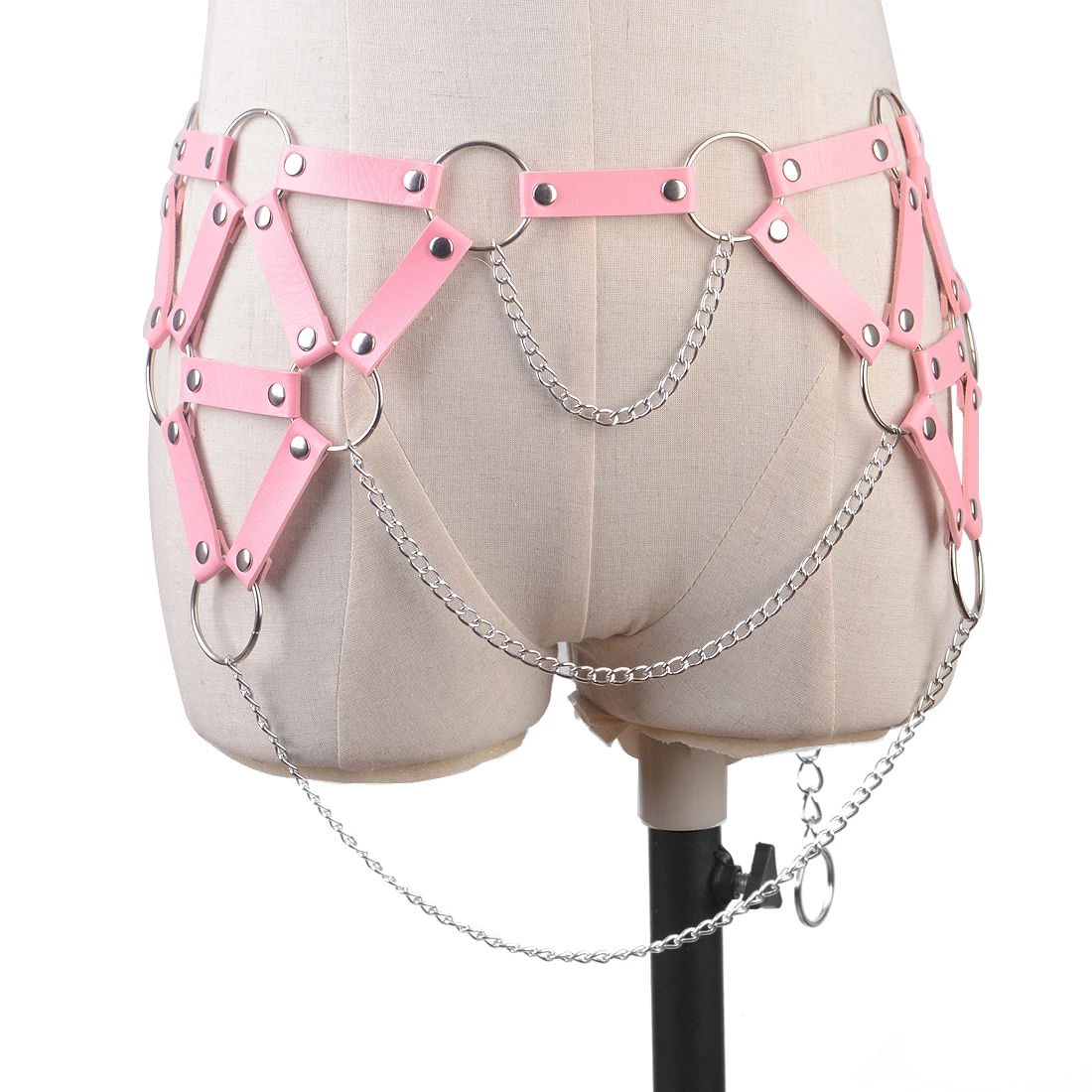 Женское кожаное платье ручной работы розовое Бандажное в стиле панк с цепочками