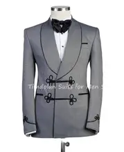 Veste à revers châle 2 pièces, pantalon à carreaux gris sur mesure, Blazer noir, ensembles de costumes pour hommes, vêtements de fête de mariage  (3)