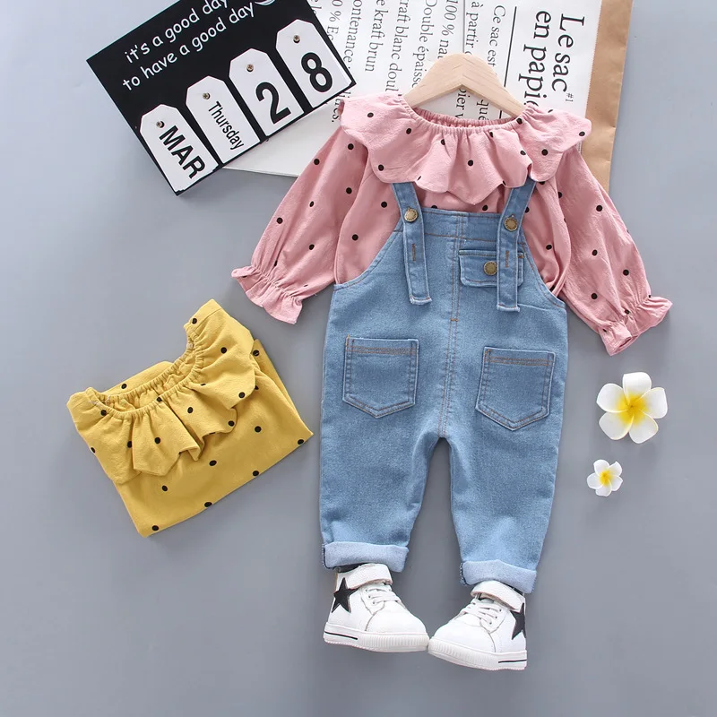 

New Spring Autumn Children Cotton Clothes Baby Girls Suit fot Hooded denim Bib Pants 2Pcs/sets Out Kid Fashion Clothing sets