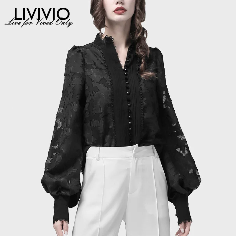 Рубашка женская однобортная с жемчужинами блузка длинными рукавами-фонариками