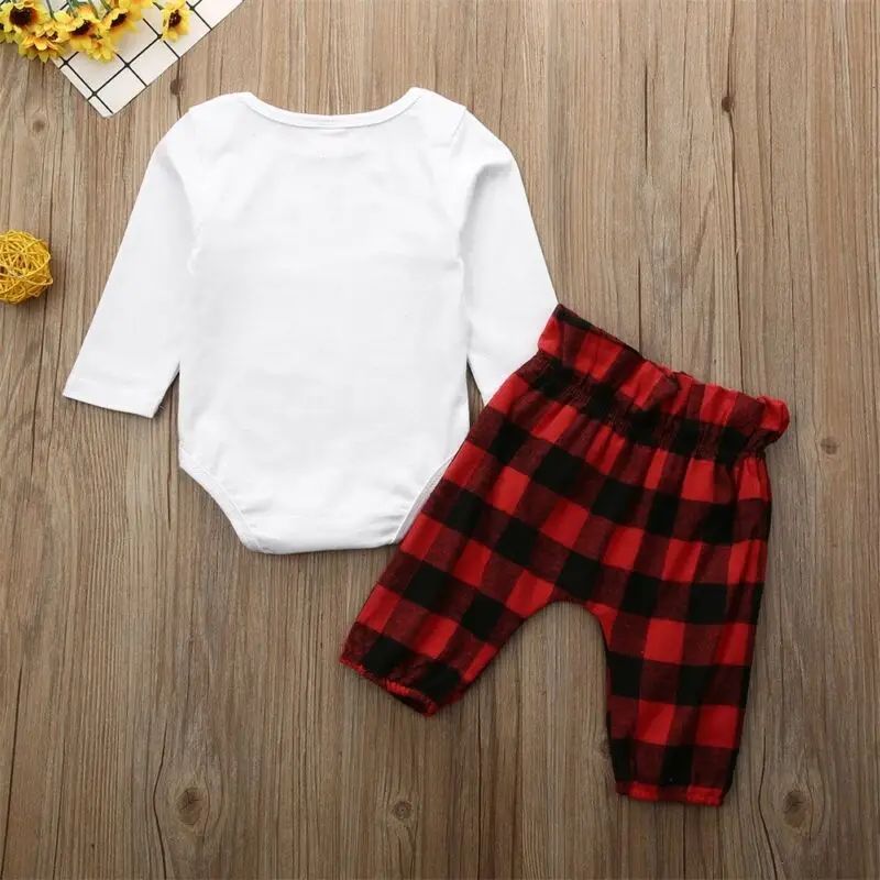 Newborn Baby Set 0-24 Months 2 Pcs Child Costume Boy White Letter Print Top + Red Plaid Pants Fashion Girl Suit | Детская одежда и