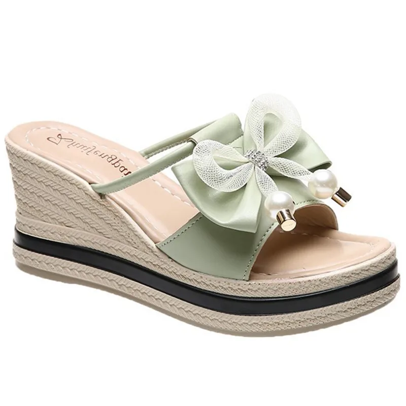 

Slippers Women Summer High-Heeled Shoes Lady Pantofle Slides Flower On A Wedge Butterfly-Knot Fashion Platform 2021 Soft Luxury