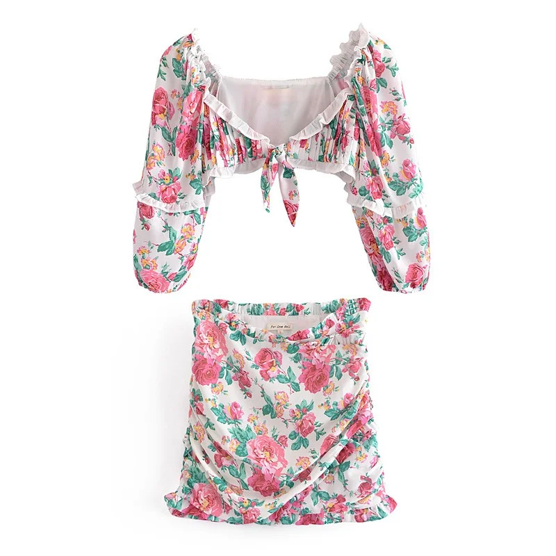 

2021 Summer Autumn Holiday Floral Print Long Sleeve Short Top and Ruffled Mini Skirts 2pc Sets