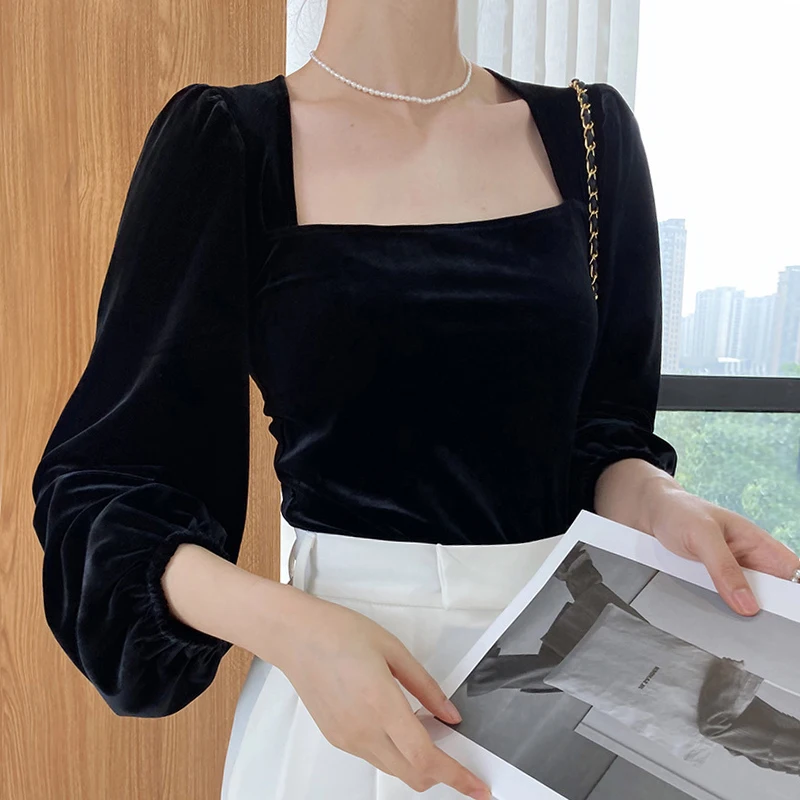 

Рубашка женская однотонная с пышными рукавами, стильная блузка в винтажном стиле ретро, простая шикарная велюровая облегающая базовая с дл...