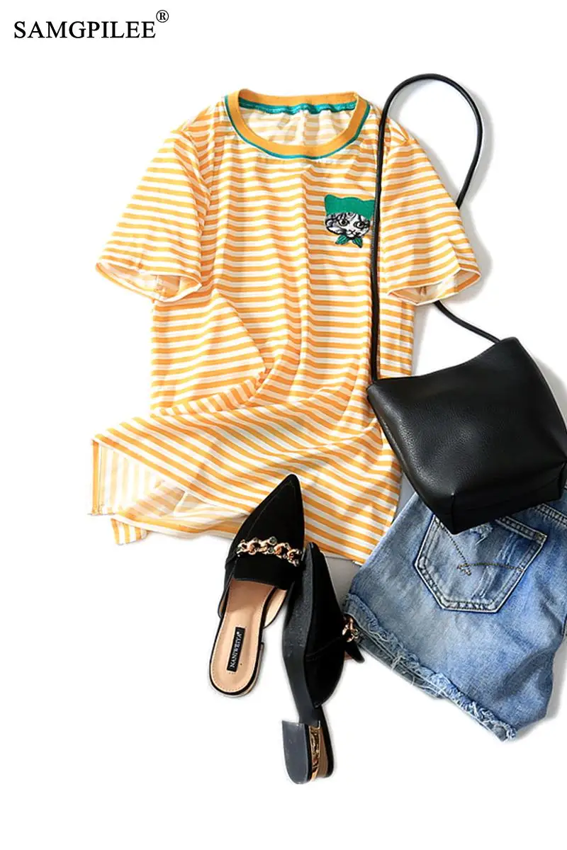 

Tshirt Oversize Women Casual T-shirt Brand Women T-shirt 2021 Chiffon Short Sleeve Embroidery Striped O-neck Femme T-shirts 3XL