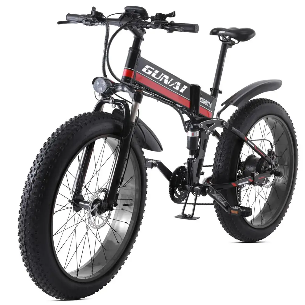 Günstig GUNAI Elektrische Bike 48V 12Ah 26 Zoll Klapp Fett Reifen Schnee Bike 21 Geschwindigkeit Strand Cruiser Full Suspension Aluminium Legierung Fahrrad