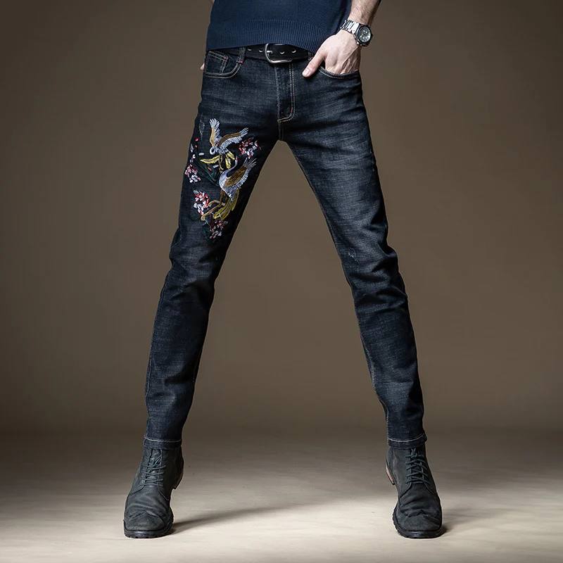 

Men Jeans Fashion Crane Embroidered Denim Trousers Streetwear Black Straight Slim Fit Pants