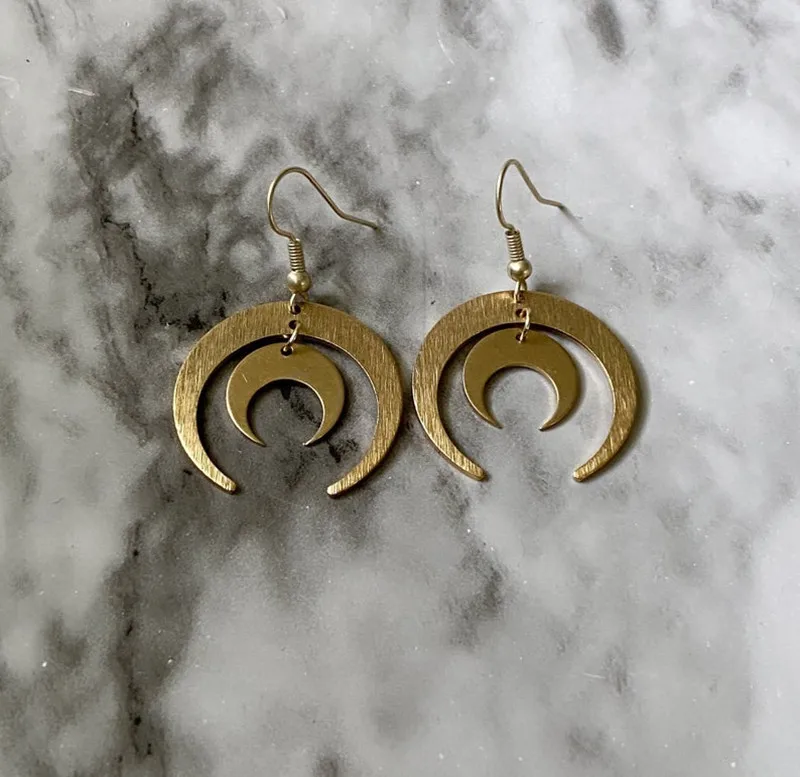 

Double Crescent Moon Earrings - Celestial Gold Textured Raw Brass Earrings