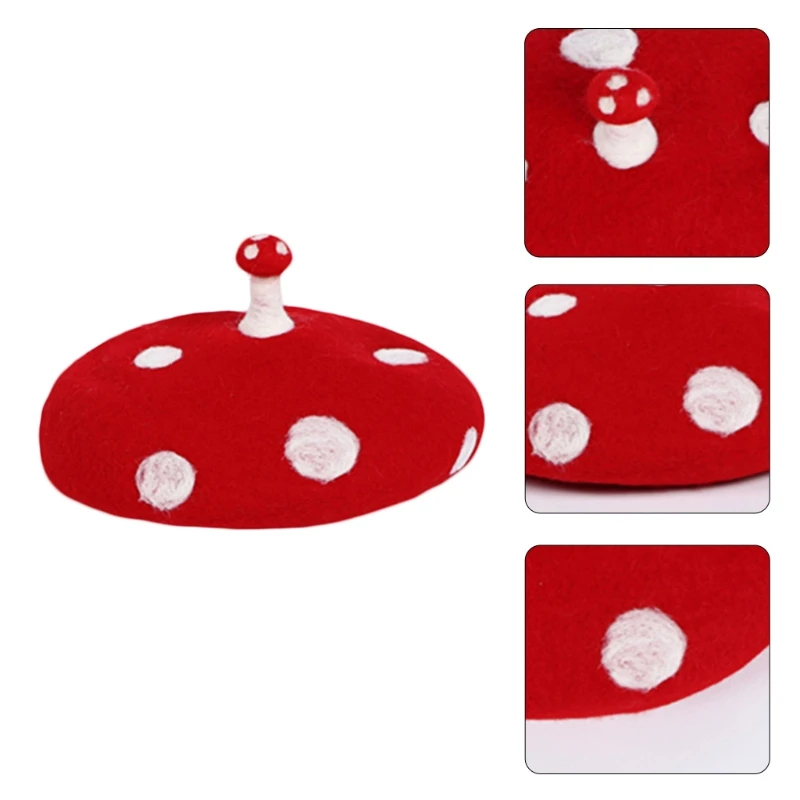 Women Kids Cute Small Mushroom Beret Cap Faux Felt Wool White Point Painter Hat M89E