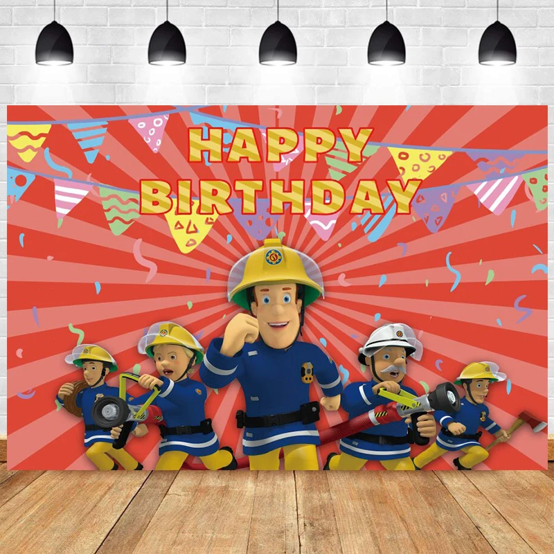 

Red Fireman Sam Photo Backdrop Boys Happy Birthday Party Station Photograph Background Banner Decoration