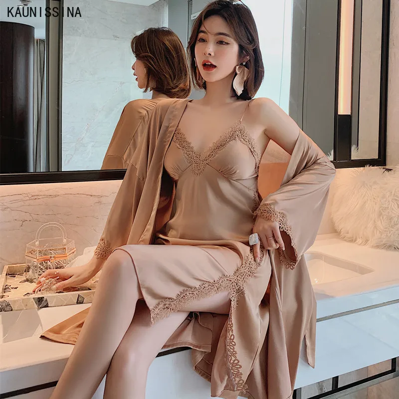 

Women Nightgown and Robes Two Piece Suit Sleepwear Sets Sexy Ice Silk Nightwear Bridesmaid Bathrobes Summer Loungewear