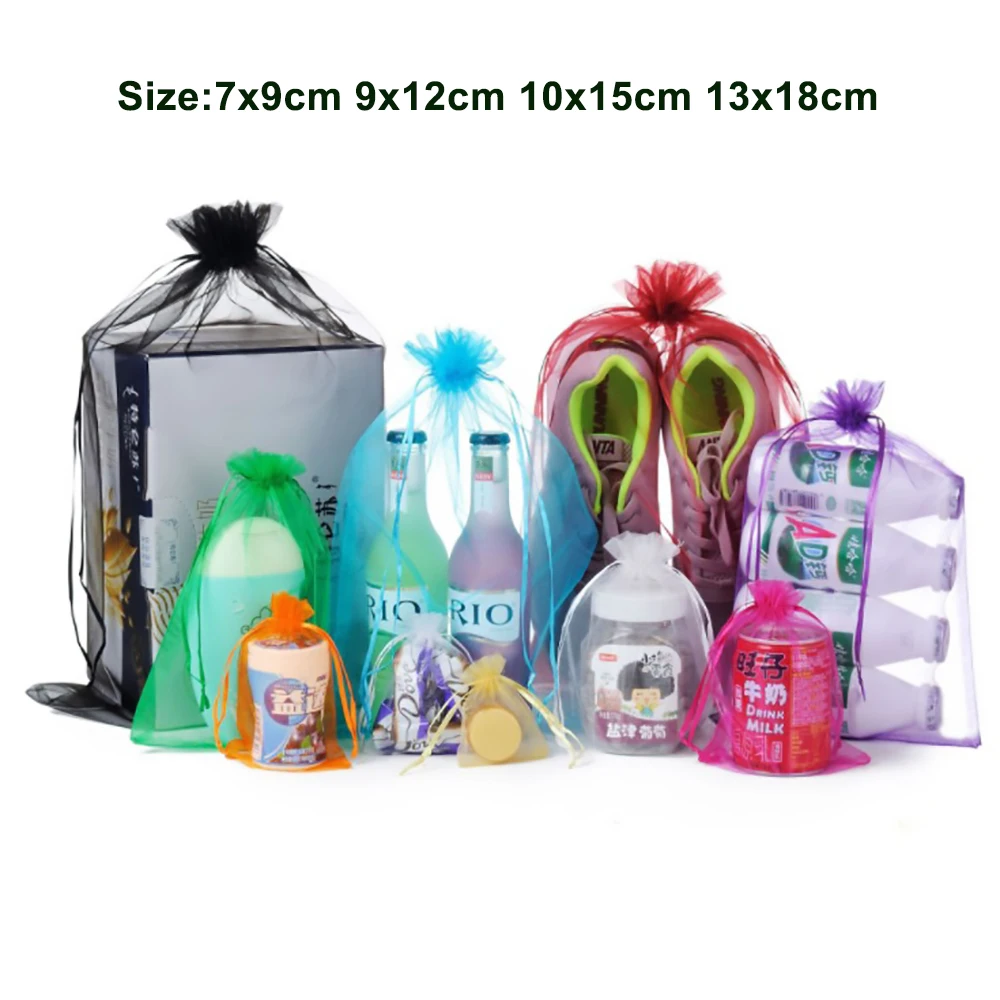50pcs/lot 7x9cm 9x12cm 10x15cm 13x18cm Drawstring Organza Bags Jewelry Packaging Bags Candy Wedding Bags Wholesale Gifts Pouches