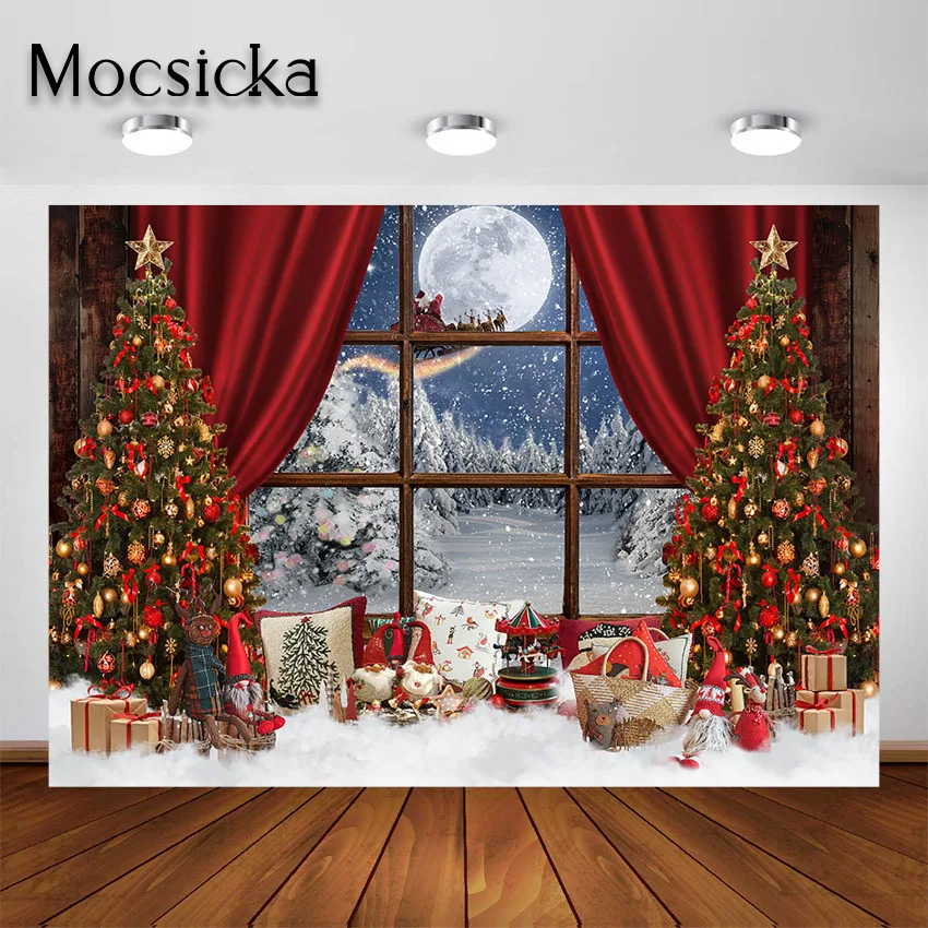 Mocsicka Christmas Backdrops for Photography Window Xmas Indoor Toy Bear Decoration Photo Background Kids Portrait Photoshoot