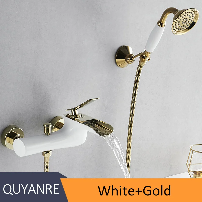 White Gold Quyanre белый хром водопад Смесители Для ванны и душа Torneira Ванная комната душ Одной ручкой смеситель кран настенный смеситель для душа - Цвет: White Gold