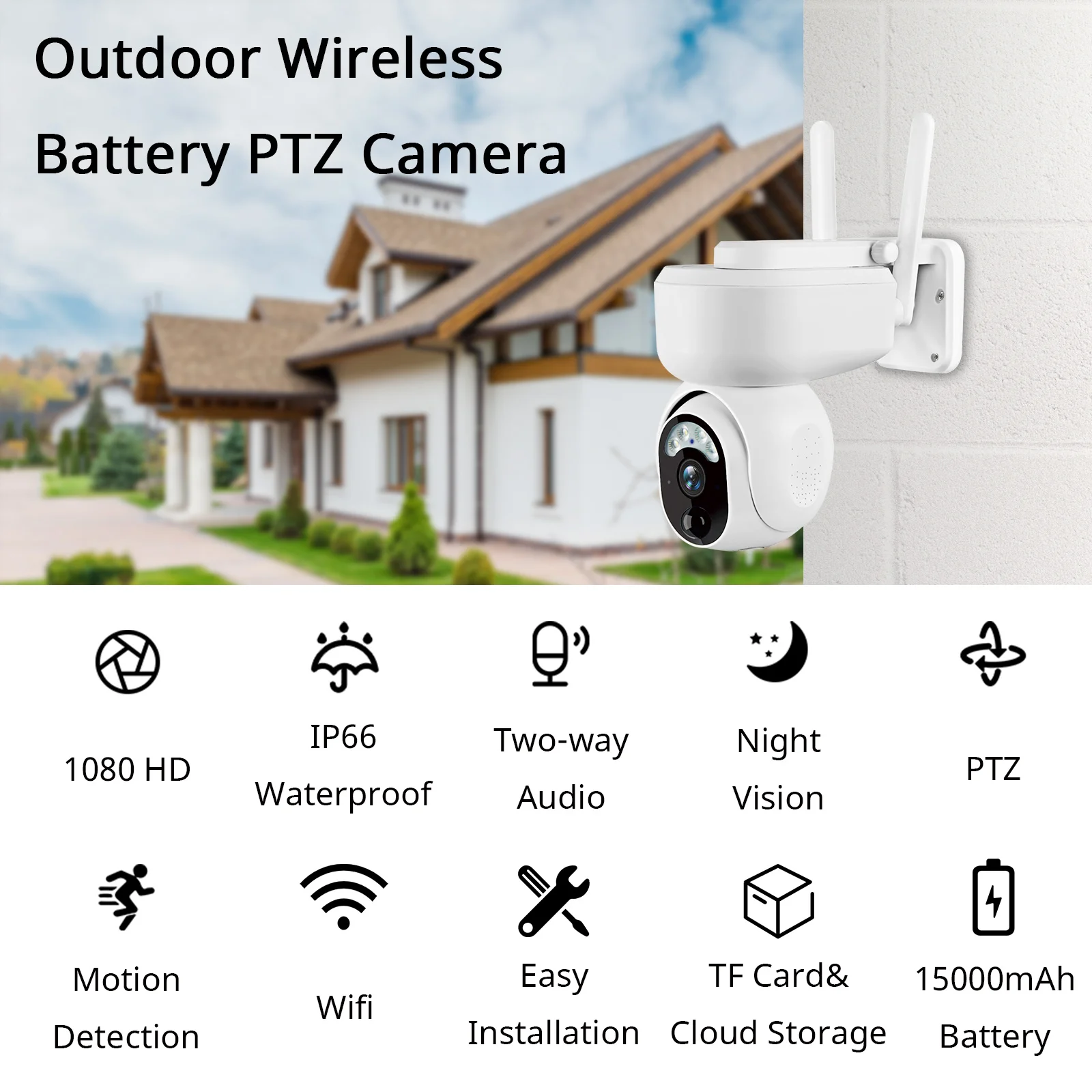 

Rechargeable Battery Powered WiFi Wireless Outdoor Security Camera with Color Night Vision PIR Motion Detection IP66 Waterproof