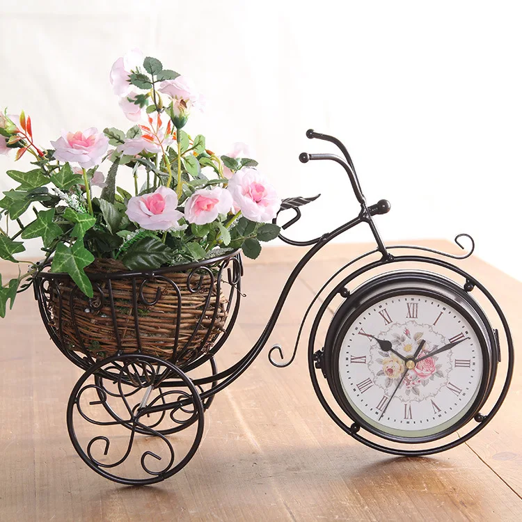 

Office Desk Clock Creative Wrought Iron Bicycle Flower Basket Double-sided Clock Craft Gift Decoration Clock Ornaments