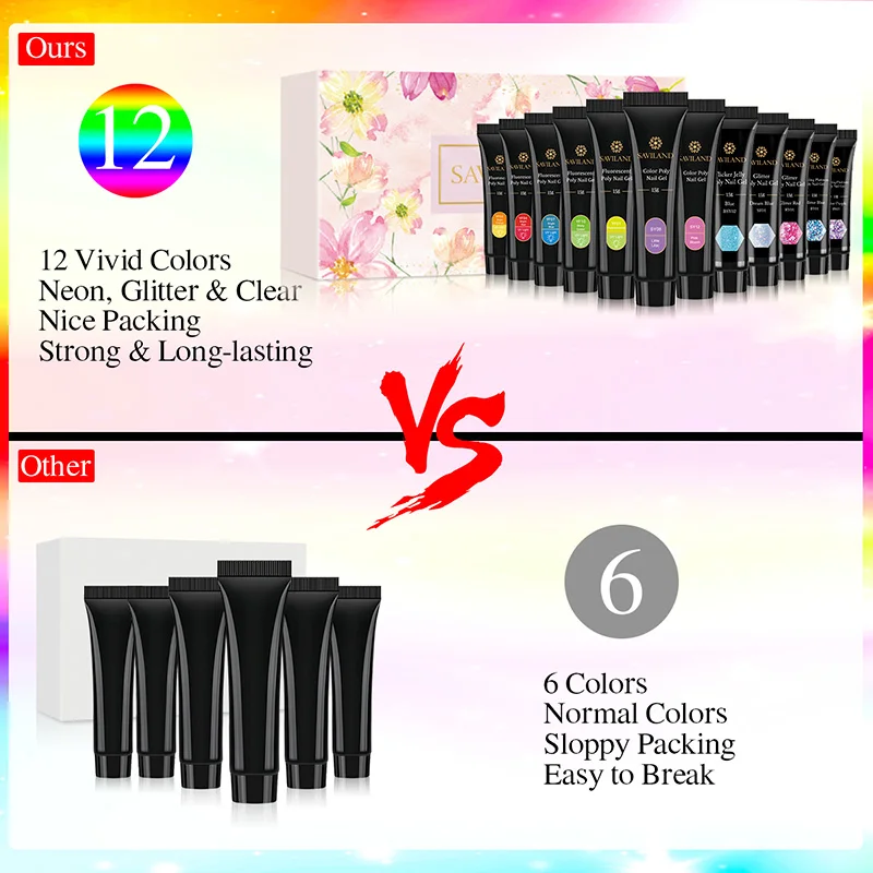 Набор гелей для ногтей Saviland Neon Poly набор наращивания с блестками неоновый 12 цветов