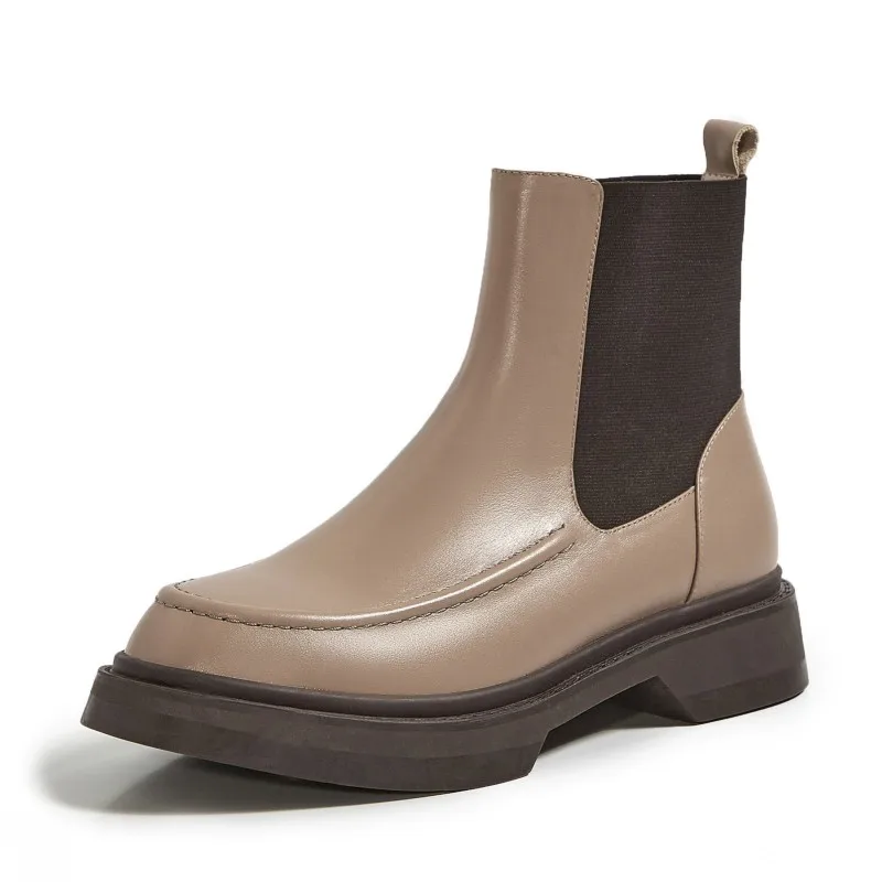 

Luxury Genuine Leather Chelsea Boots Women Shoes Patchwork Platform Vintage Apricot Ankle Boots Cowboy Boots Female Black 34-39