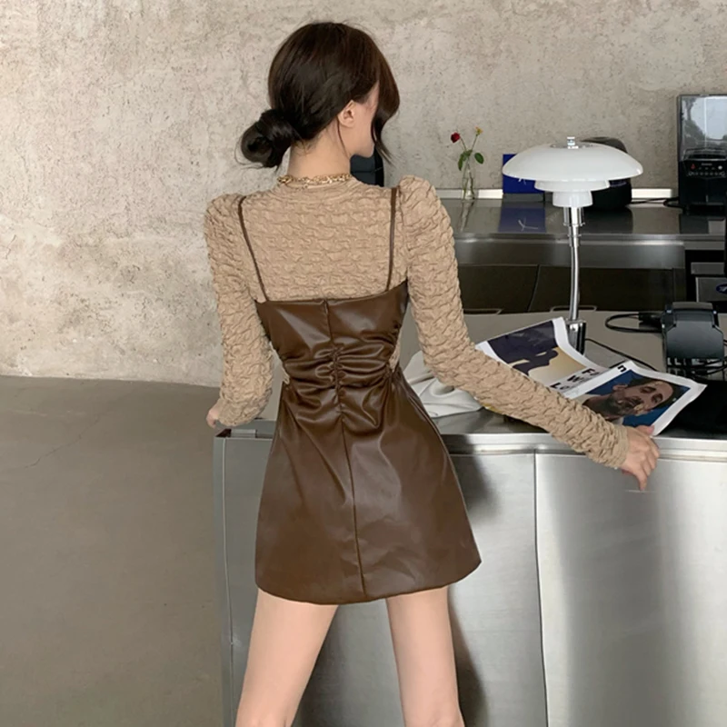 

2021 spring 2 Piece Set Bodycon Dress Women Fashion Pleated Long Sleeve Top and Spaghetti Strap Dress Woman Elegant 2 Sets