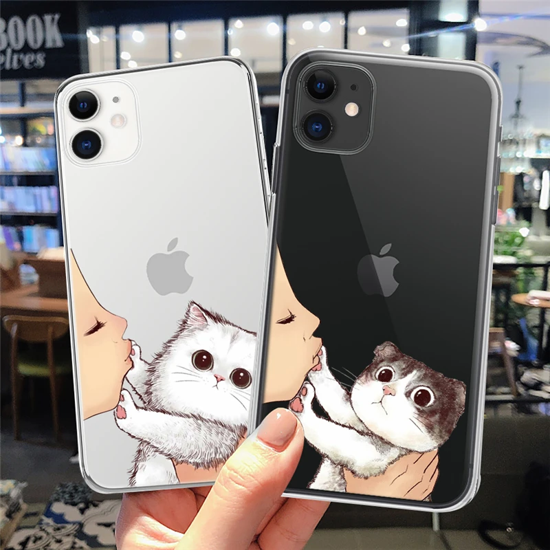 Cute Cat Phone Case For iPhone 13 12 11 14 Pro Max X XR XS Max 7 8 6 6s Plus 12 Mini 5 5S SE2020 Soft TPU Transparent Back Cover