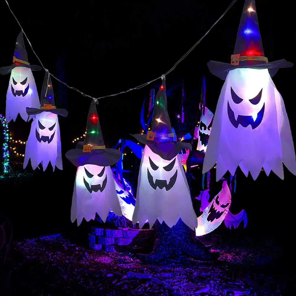 

Glowing Halloween Unique Witch Hat LED Lighted Scary Glowing Ghost Hat Lights Hanging Pendant Garden Home Halloween Decor