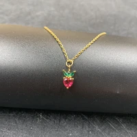trendy metal zircon red strawberry pendant charm chain vintage fruits leaves clavicle necklace jewelry accessories gifts friends