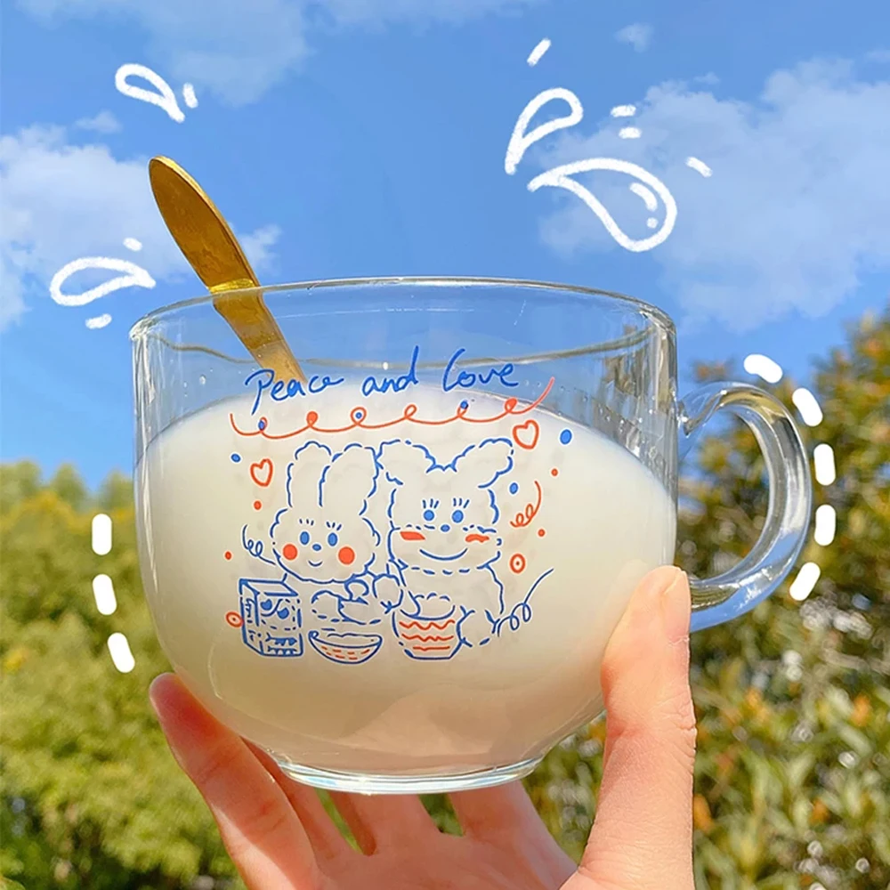 

500ML Cute Transparent Glass Coffee Milk Mug With Handle Home High Capacity Breakfast Mugs Bowl Oatmeal Cereal Cups Gift Cup