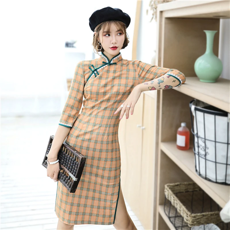 SHENG COCO женское клетчатое кружевное платье Cheongsam современная мода маленькое