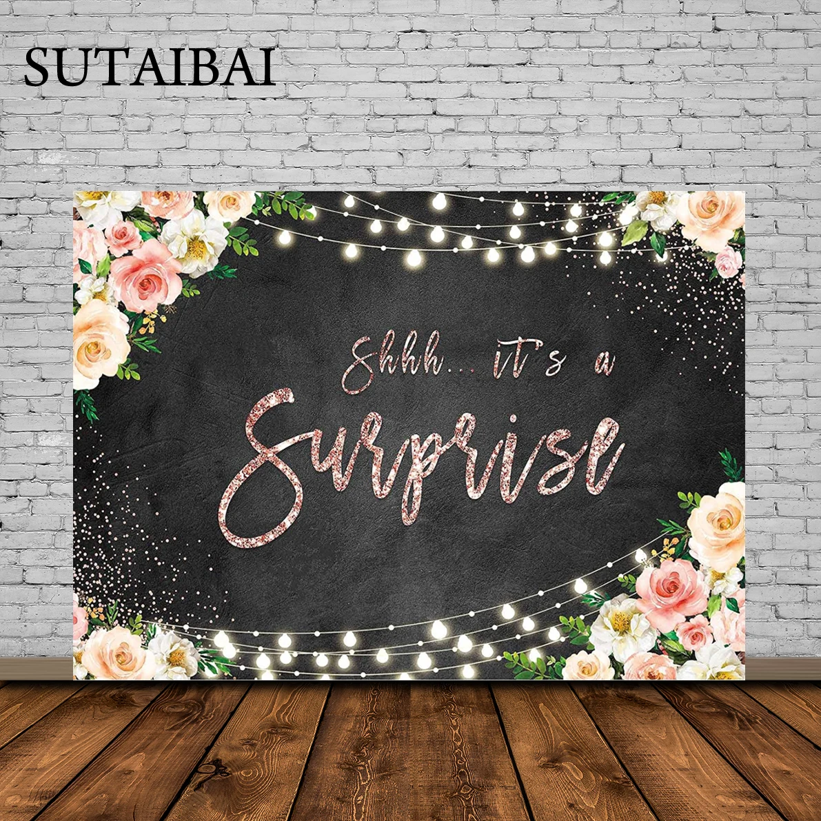 

Pink Glitter Floral Birthday Backdrop Surprise Engagement Party Black and Rose Gold Bridal Shower Banner Girl Bday Gender Reveal