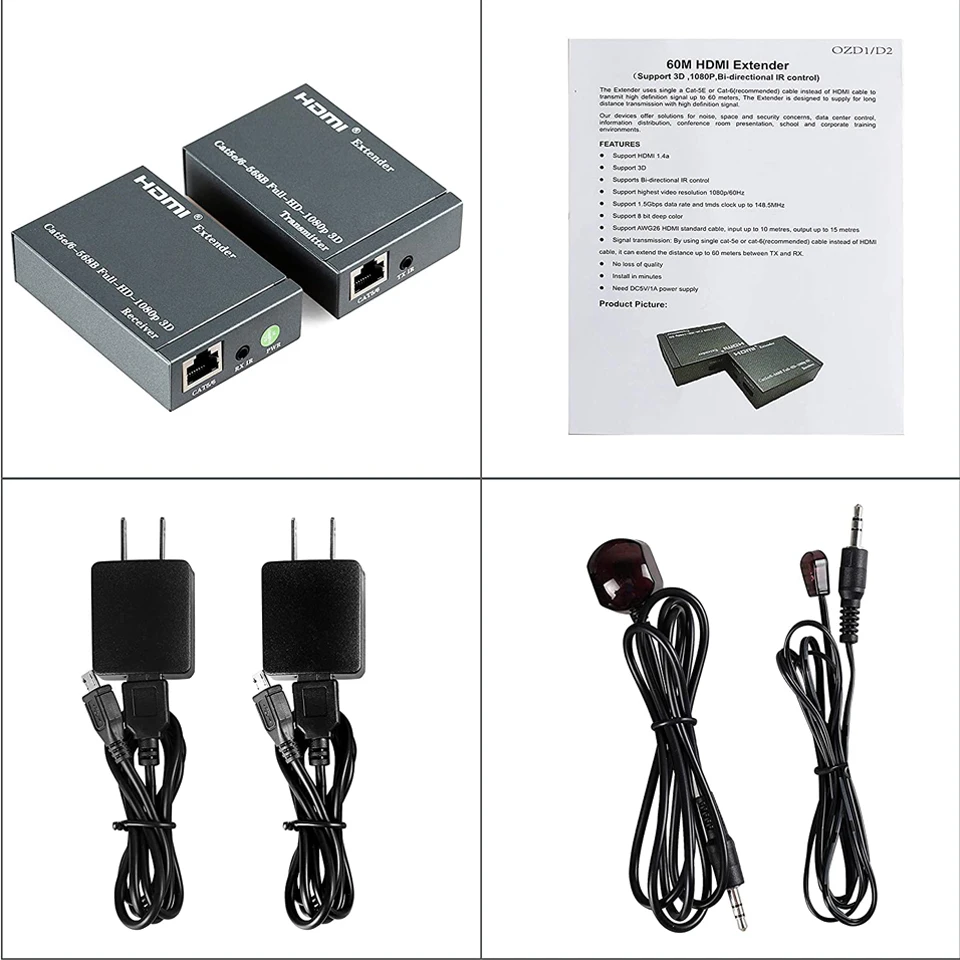

2020 HDMI Extender with IR & Loop Out 1080P HDMI Extender 60m No Loss RJ45 to HDMI Extender Transmitter Receiver over Cat5e/Cat6