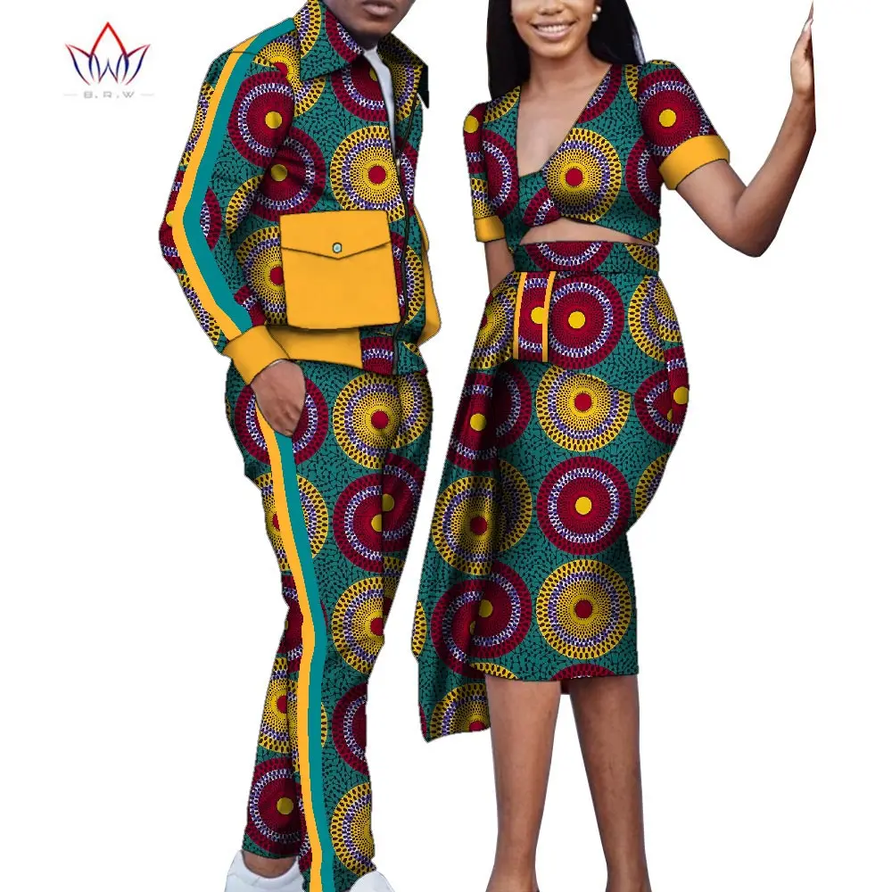 

Hip Hop African Couples Attire Bazin Riche Dashiki Men's Casual Suits and Women Skirt Sets African Clothes for Lovers WYQ797