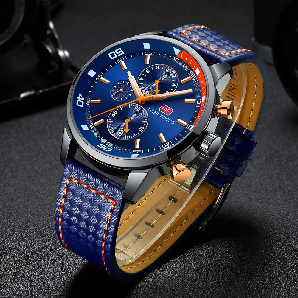 Top Brand Casual Sport Watch for Man Waterproof Military Quzrtz Watch Blue Leather Band Business Wristwatch Man 0017G