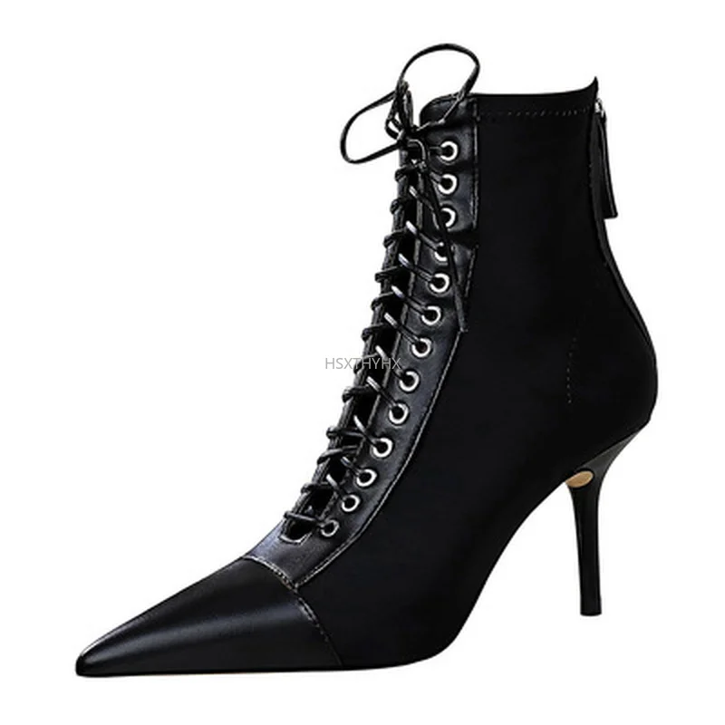 

Slim Feet Women's Boots Pointed Toe Fashion Elastic Fabric Ankle Boots High Heels Shoes Cut-Outs Lace Up Sexy Female Black Boots