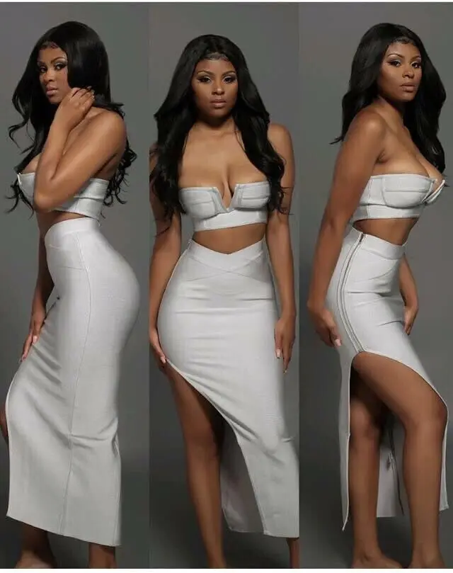 

HQBORY New Summer Black Bandage Suit Sexy Short Deep V-Neck Crop Tops and Long Slit Bodycon Dress Women's Two Piece Set