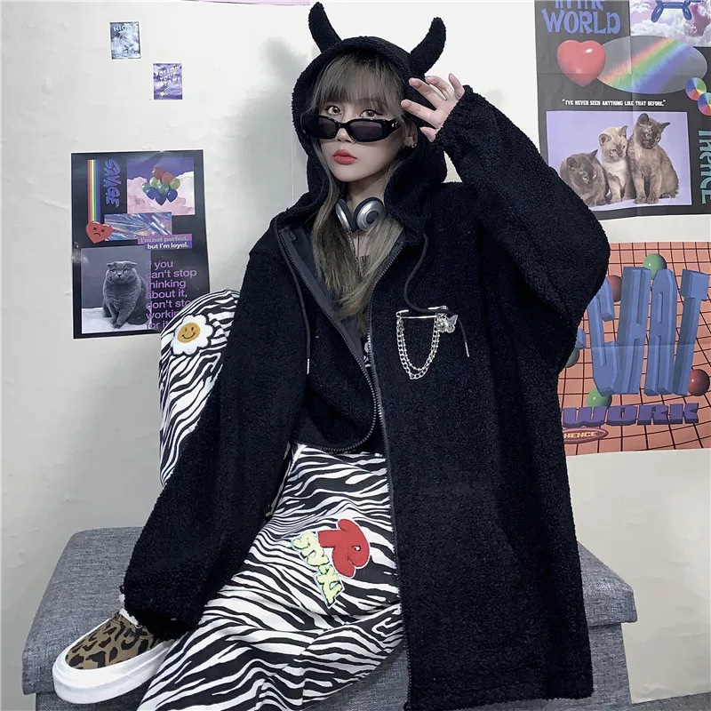 Ruibbit/осенне зимняя женская Толстовка Harajuku в стиле панк готика черный дьявол