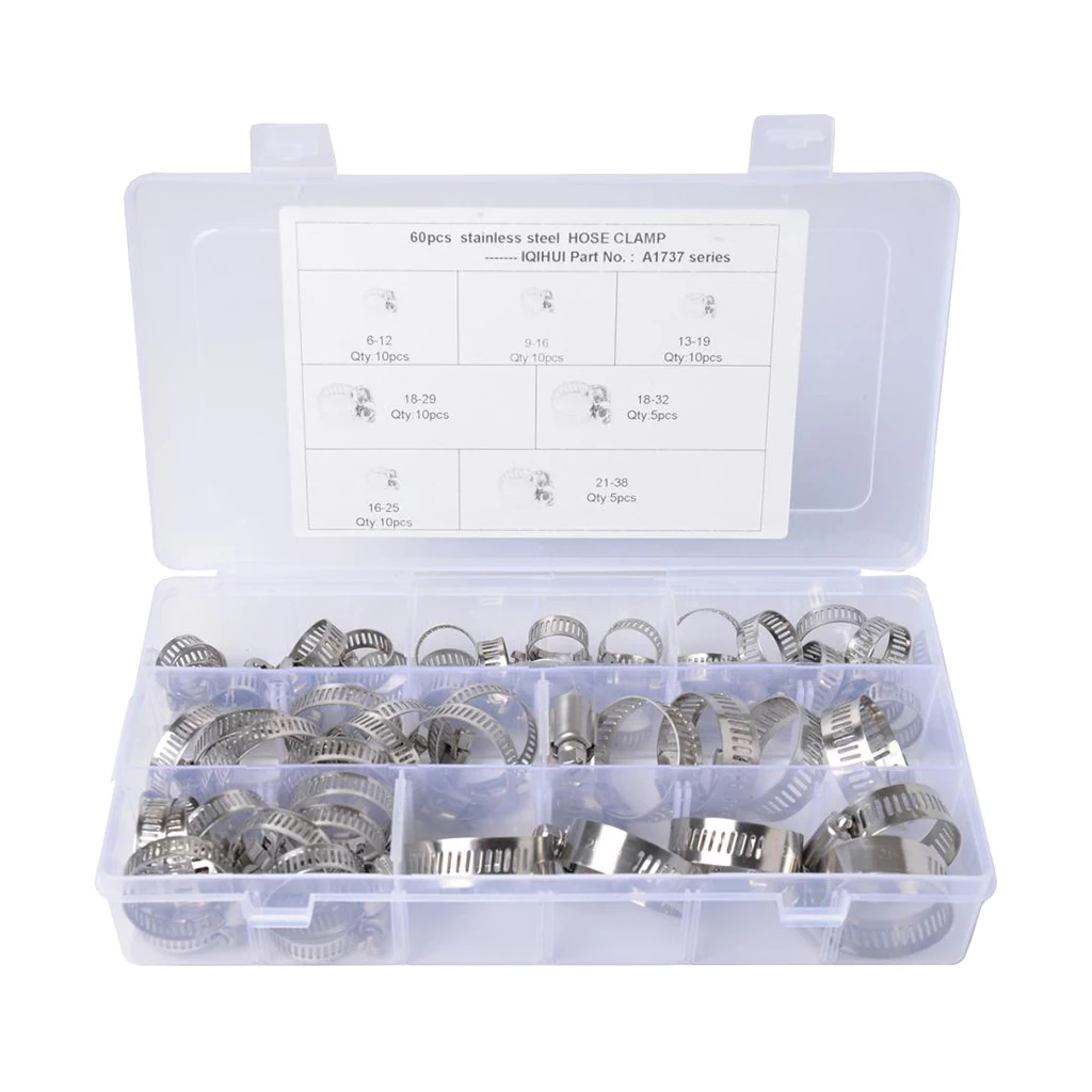 

60packs New Hose Clamp Assorted Set Hose Pipe Fittings Clamp Assortment 6-38mm