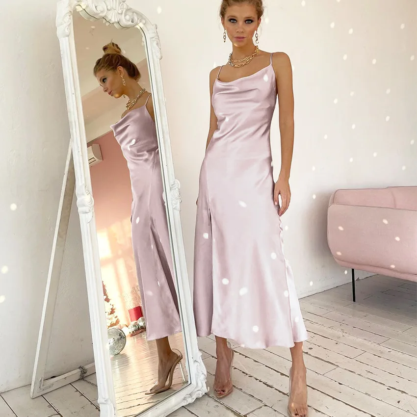 

Women Sexy Split Satin Dress Solid Color V-Neck Sleeveless Suspender Dress Vintage Fashion Party Summer Dress For Women 2021