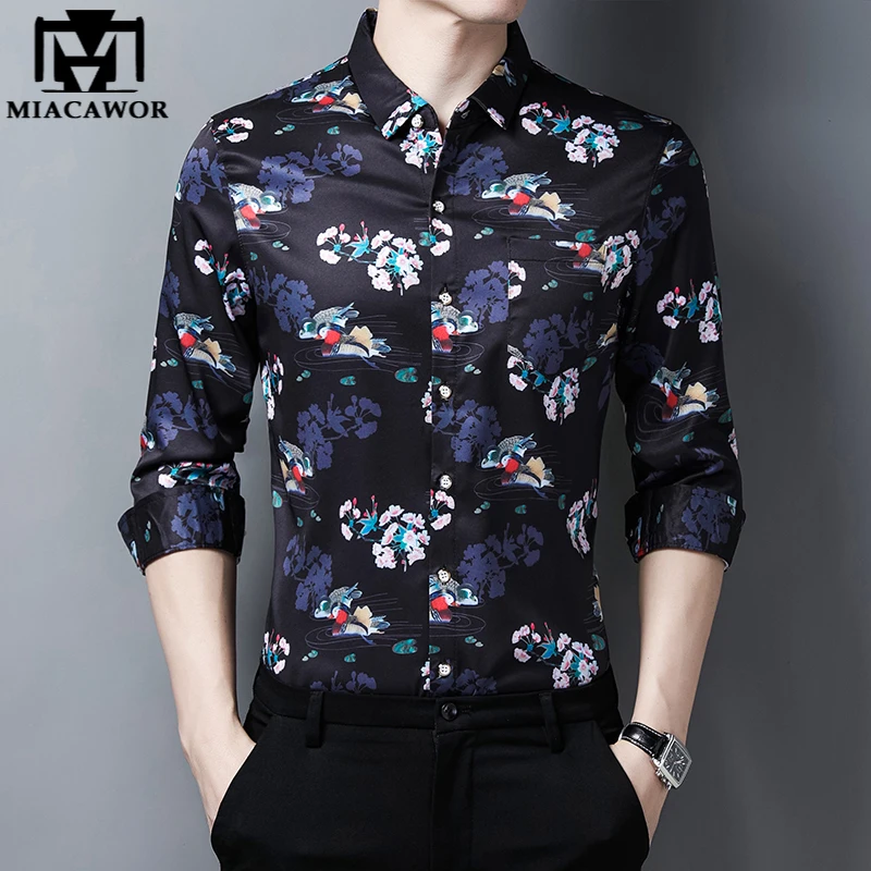 

Новая брендовая оригинальная Классическая рубашка, мужские Модные Роскошные Рубашки с цветами, шелковая приталенная Корейская блузка с дл...
