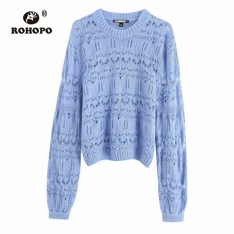 ROHOPO круглый воротник с пышными рукавами цветочный свитер белый Небесно-Голубой