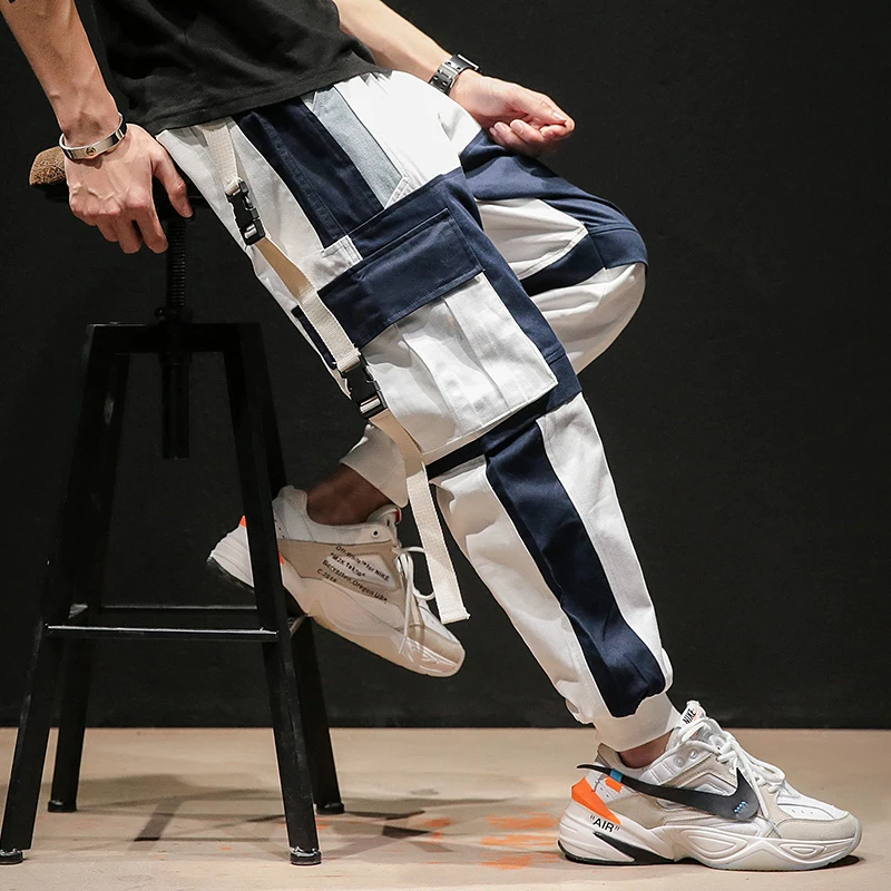 FUGOISM 2019 Autumn Joggers Men Sweatpants Cargo Pants Patchwork Striped Pure Cotton Men's Trousers Side Pockets |
