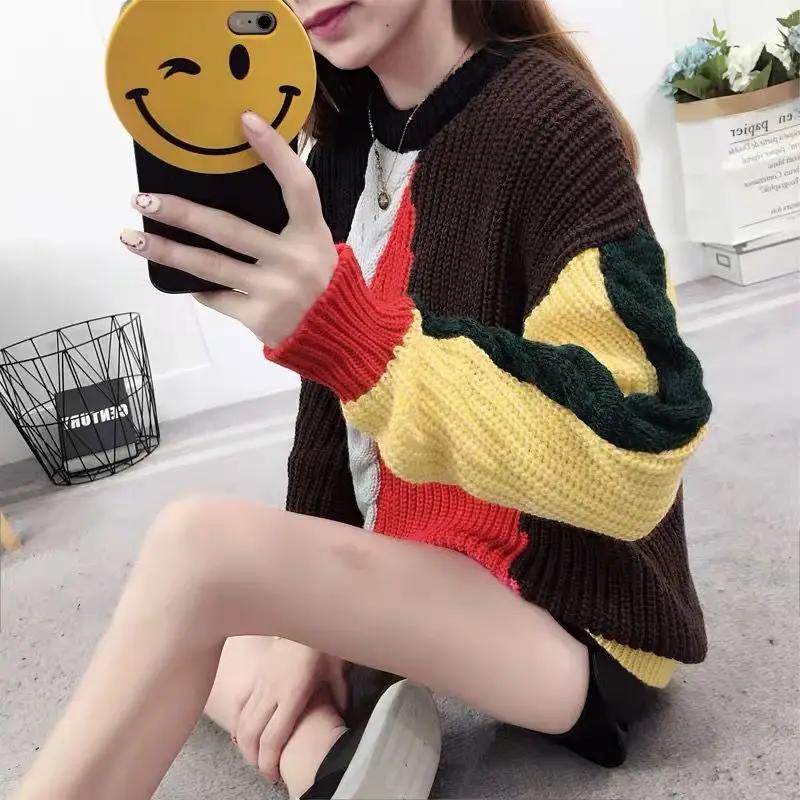 

Retro Women's Runway Thick Knitted Sweater Fall 2021 Design Women's Long Sleeve Print Stripe Lazy Thick Pullover Sweater